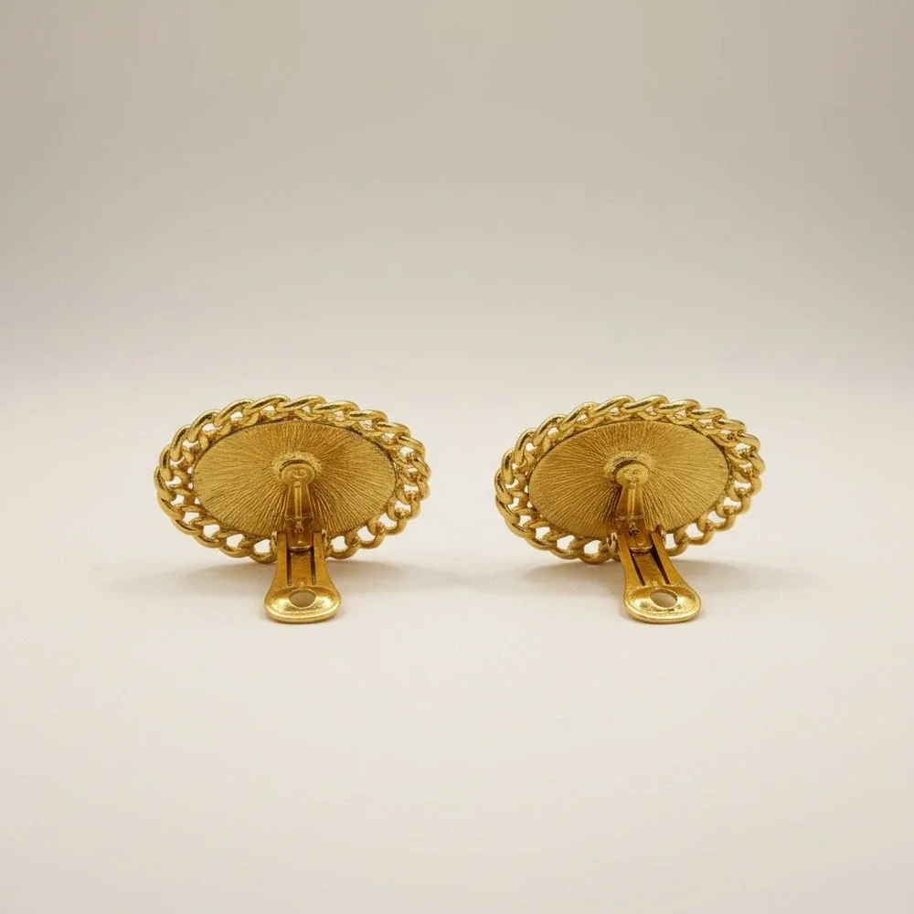 Vintage Gold Tone Faux Pearl Clip‎ On Earrings Large Round Statement Earrings